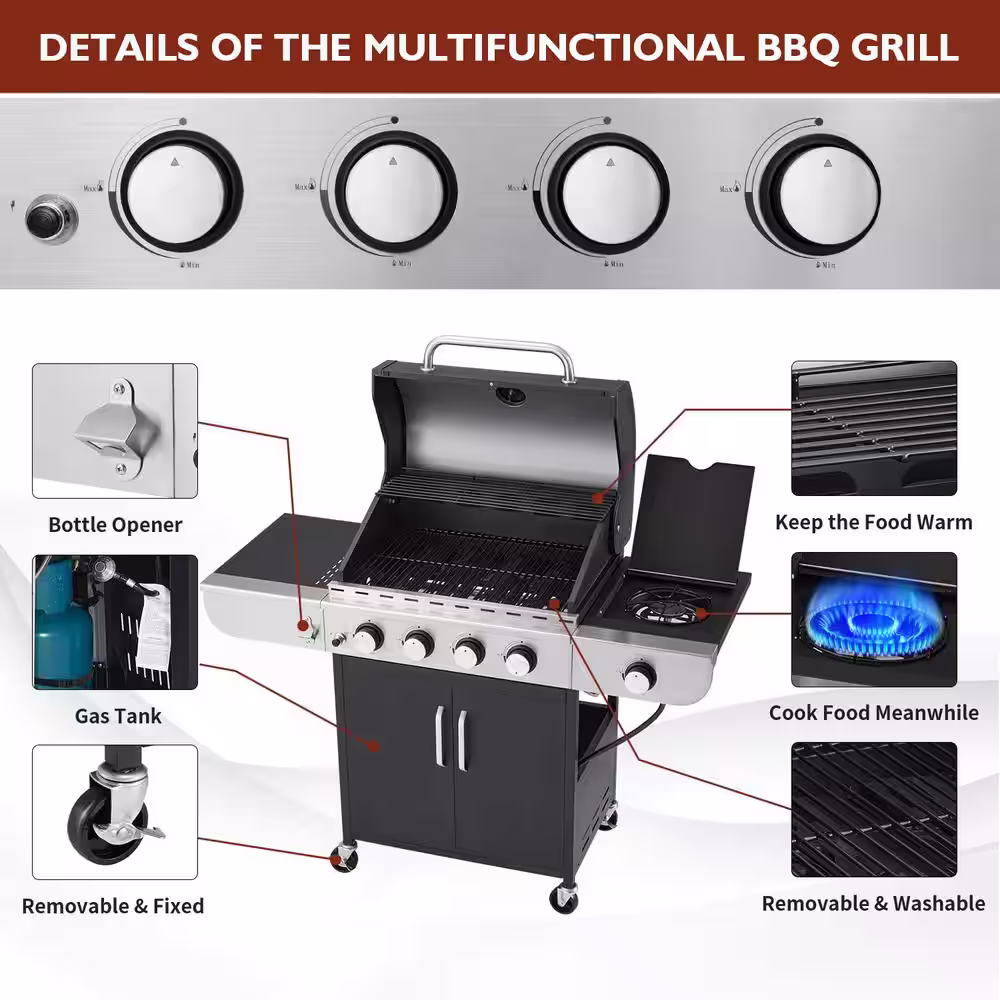 None 5-Burner BBQ Propane Gas Grill, 24,000 Stainless Steel Patio Garden Barbecue Grill in Black