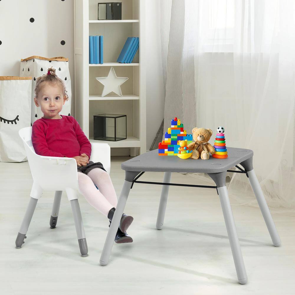 Costway 4 in 1-Baby Highchair Gray Plastic Convertible Toddler Table Chair Set with PU Cushion