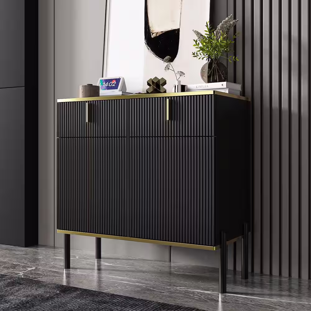 FUFU&GAGA Black Wooden Accent Storage Cabinet, Sideboard with 2-Drawers, 2 Doors, 4 Doors and Vertical Wavy Front Surface