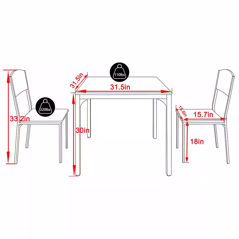 None 3-Piece Metal and Wooden Dining Table Set with 2 Side Chairs