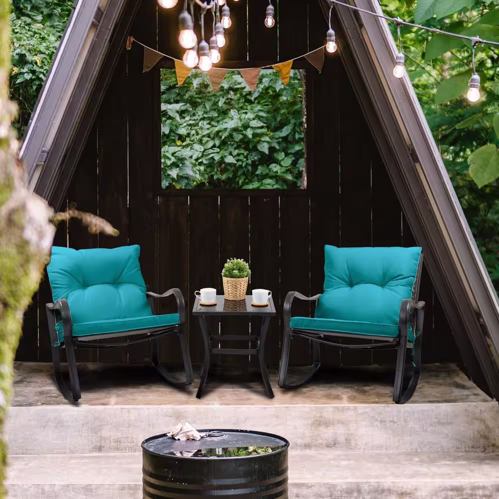 KOZYARD 3-Piece Metal Outdoor Bistro Set Rocking Chairs with Blue Cushions