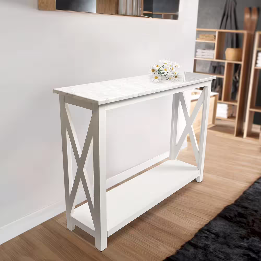 AndMakers Agatha 31.5 in. Carrara White Rectangular Italian Marble Console Table with White Legs