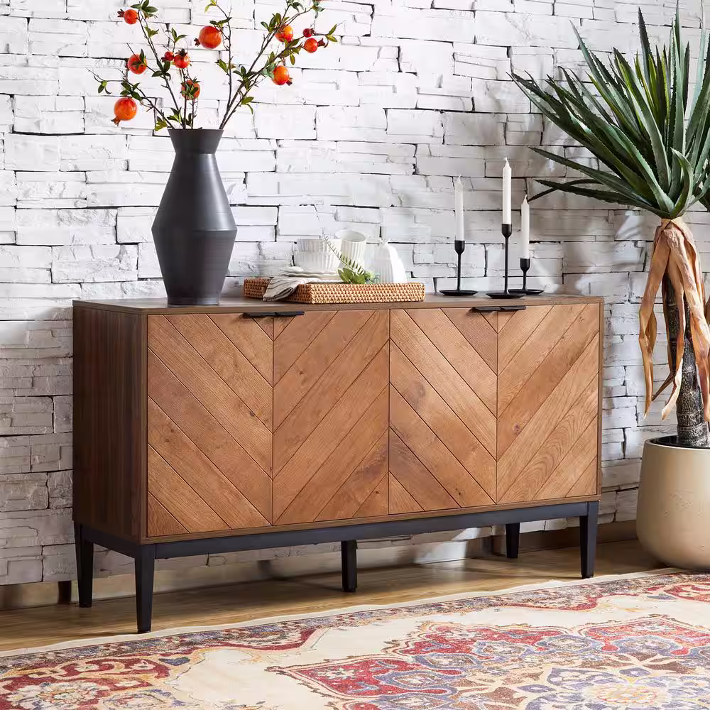 JAYDEN CREATION Tahun Modern 55 in.Wide 4-Door Storage Sideboard with Adjustable Shelves and Metal Legs-Walnut