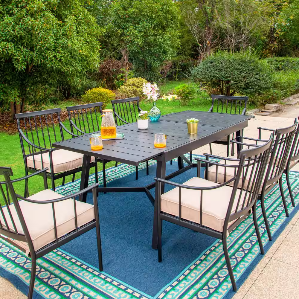 None 9-Piece Metal Outdoor Dining Set with Extensible Rectangular Slat Table and Stylish Chairs with Beige Cushions