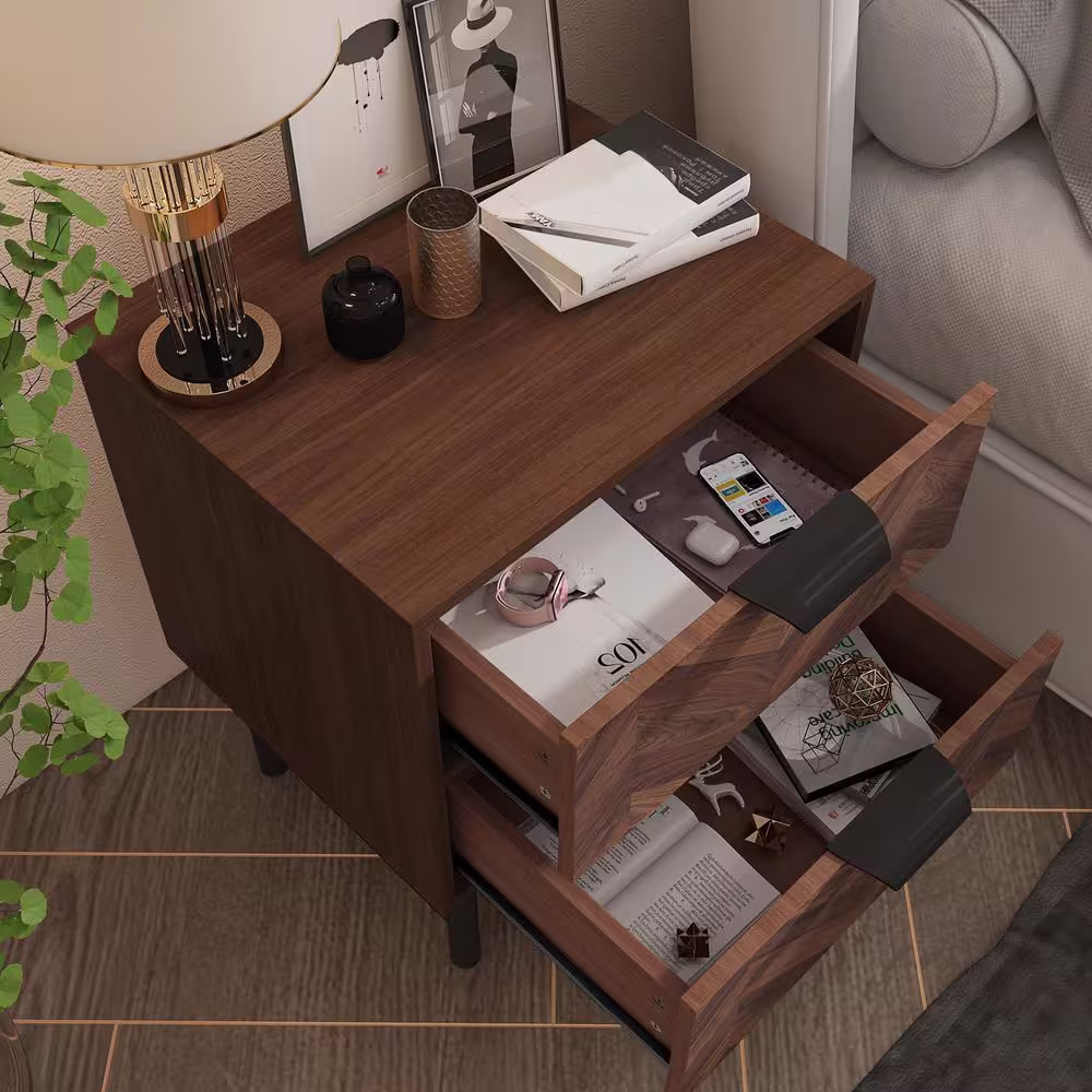 FUFU&GAGA 2-Drawer Brown Wood Nightstand With Metal Legs, Side Table Bedside Table 24 in. H x 18.9 in. W x 15.7 in. D