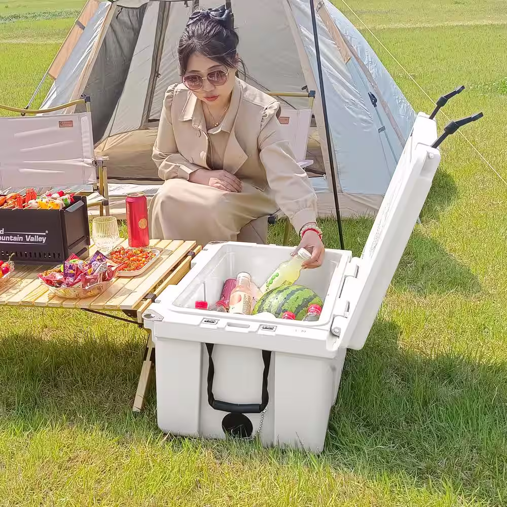 None Heavy-Duty Wheels 65 qt. White Chest Cooler with Bottle Opener for Beach Drink Camping Picnic Fishing Boat Barbecue