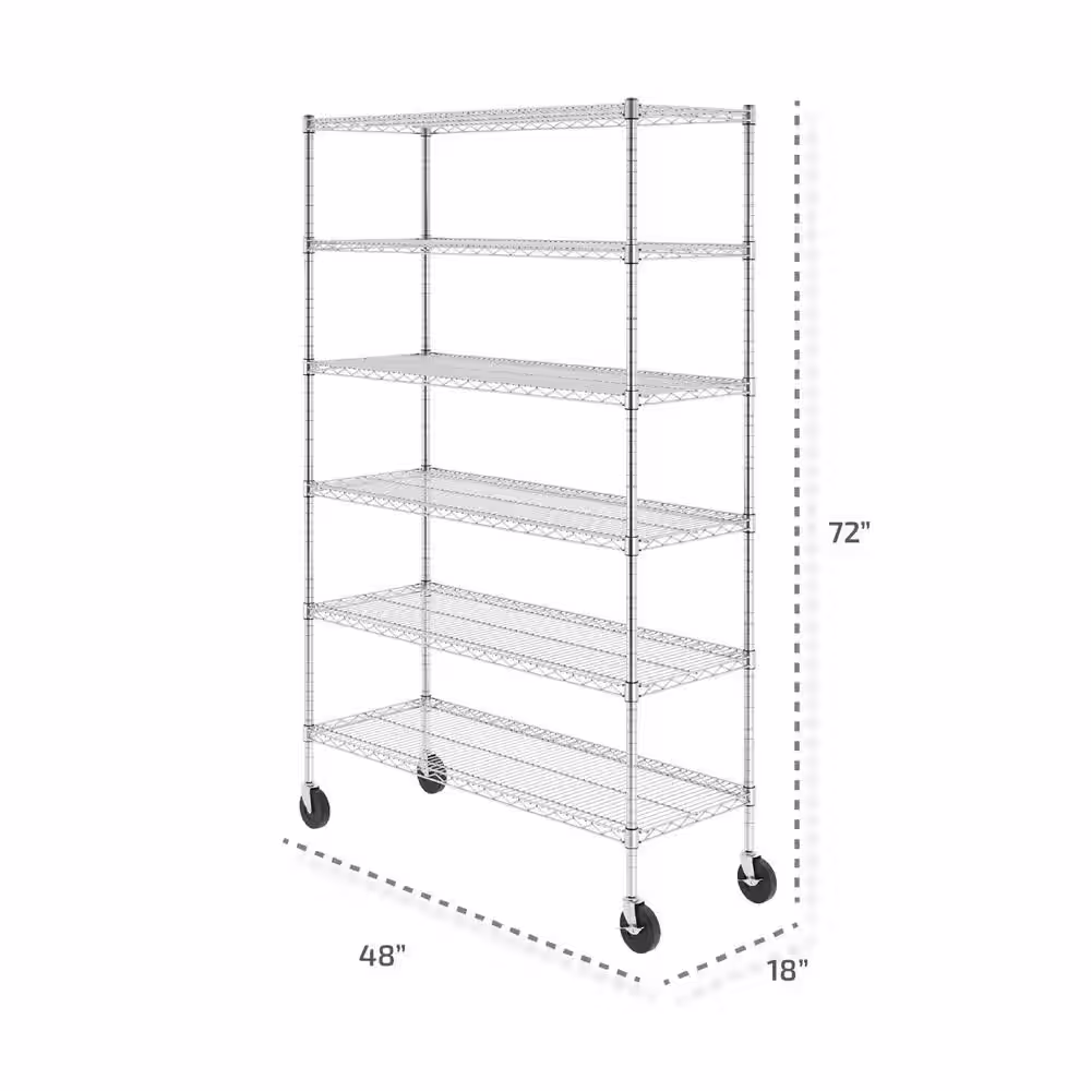 SafeRacks 72 in. H x 48 in. W x 18 in. D NSF 6-Tier Wire Chrome Shelving Rack with Wheels