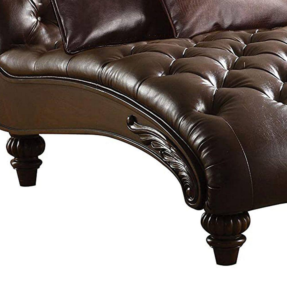 Benjara Brown Leather Upholstered Chaise with 3-Pillows