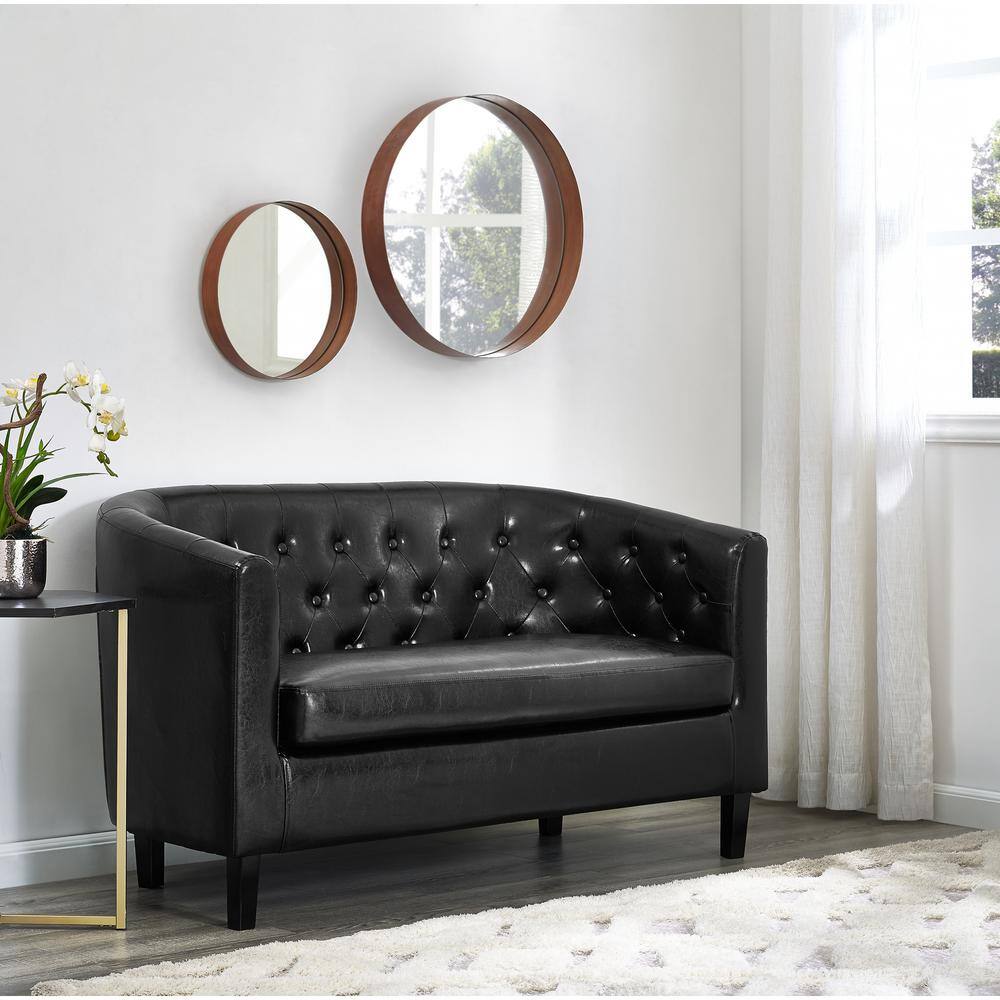 None 48 in. Black Love Seat, Button Tufted Faux Leather Barrel Loveseat, Midcentury Modern 2 Seater Couch, Small Loveseat