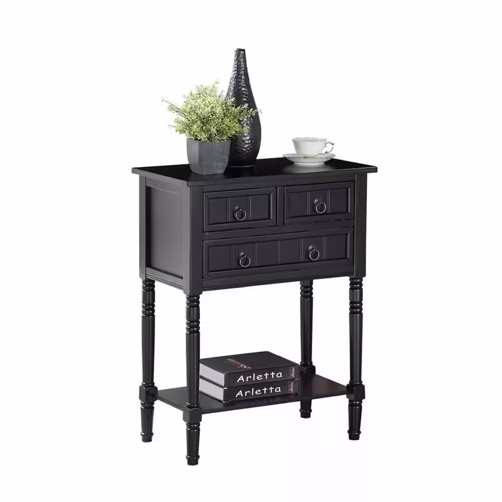 Convenience Concepts Kendra 23.75 in. Black Standard Rectangle Wood Console Table with 3 Drawers and Shelf