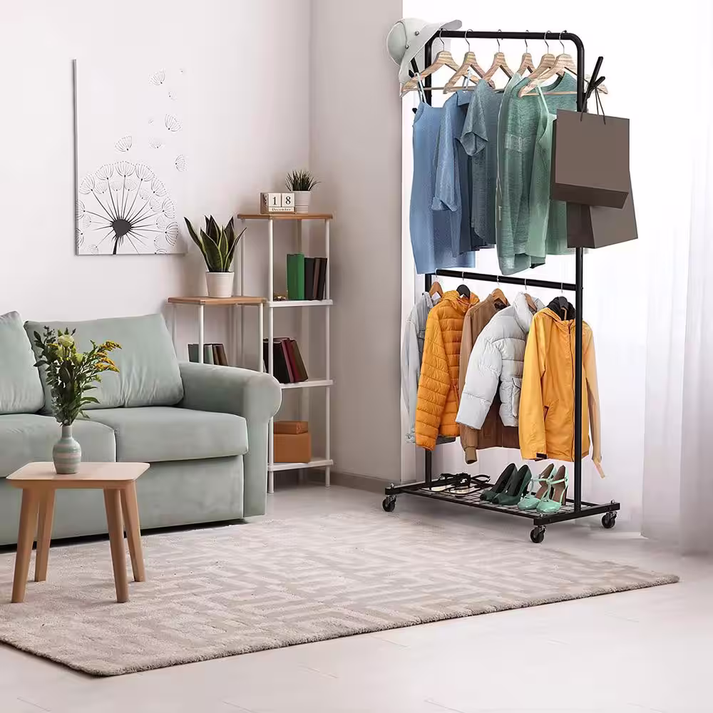 None Black Metal Garment Clothes Rack With Double Rod 39 in. W x 71 in. H