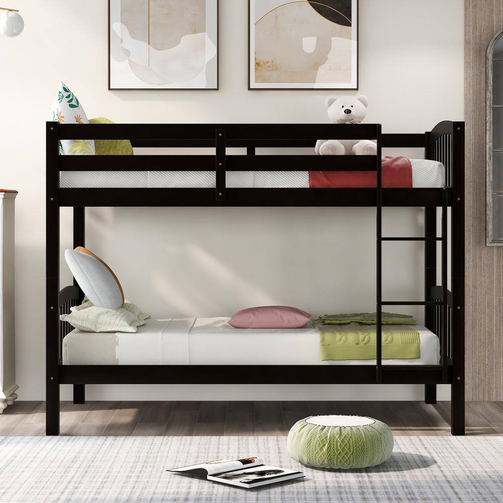 Harper & Bright Designs Espresso Twin over Twin Wood Bunk Bed with Ladder, Divided into 2 Separate Beds
