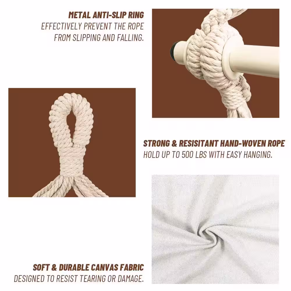 None Hammock Chair Hanging Rope Swing - Max 500 lbs. 2-Cushions Included - Steel Spreader Bar with Anti-Slip Rings (Beige)