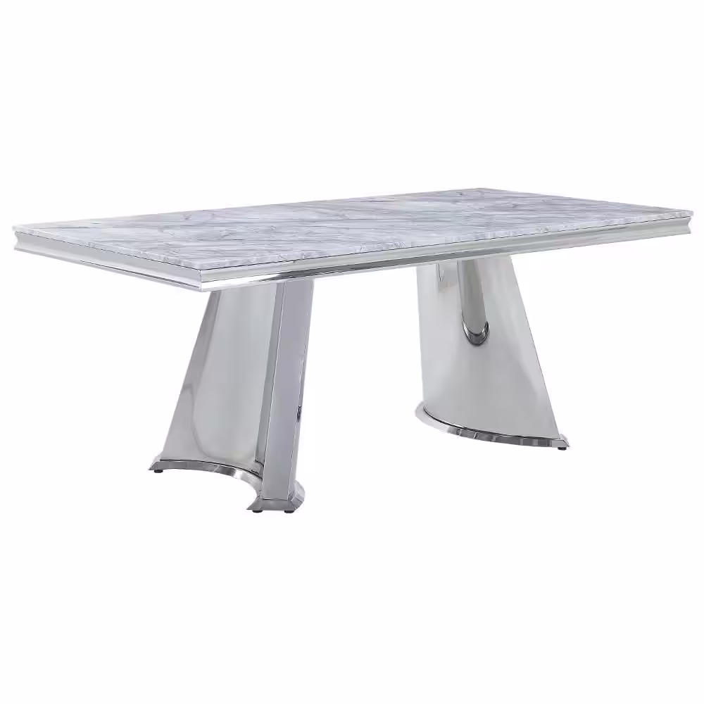 Acme Furniture Destry Mirrored Silver Faux Marble Double Pedestal Dining Table Seats 6