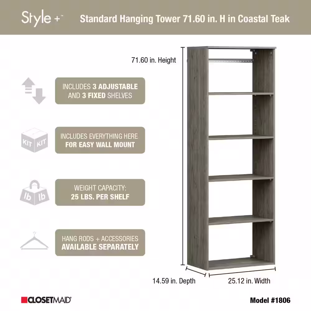 ClosetMaid Style+ 25 in. W Coastal Teak Hanging Wood Closet Tower