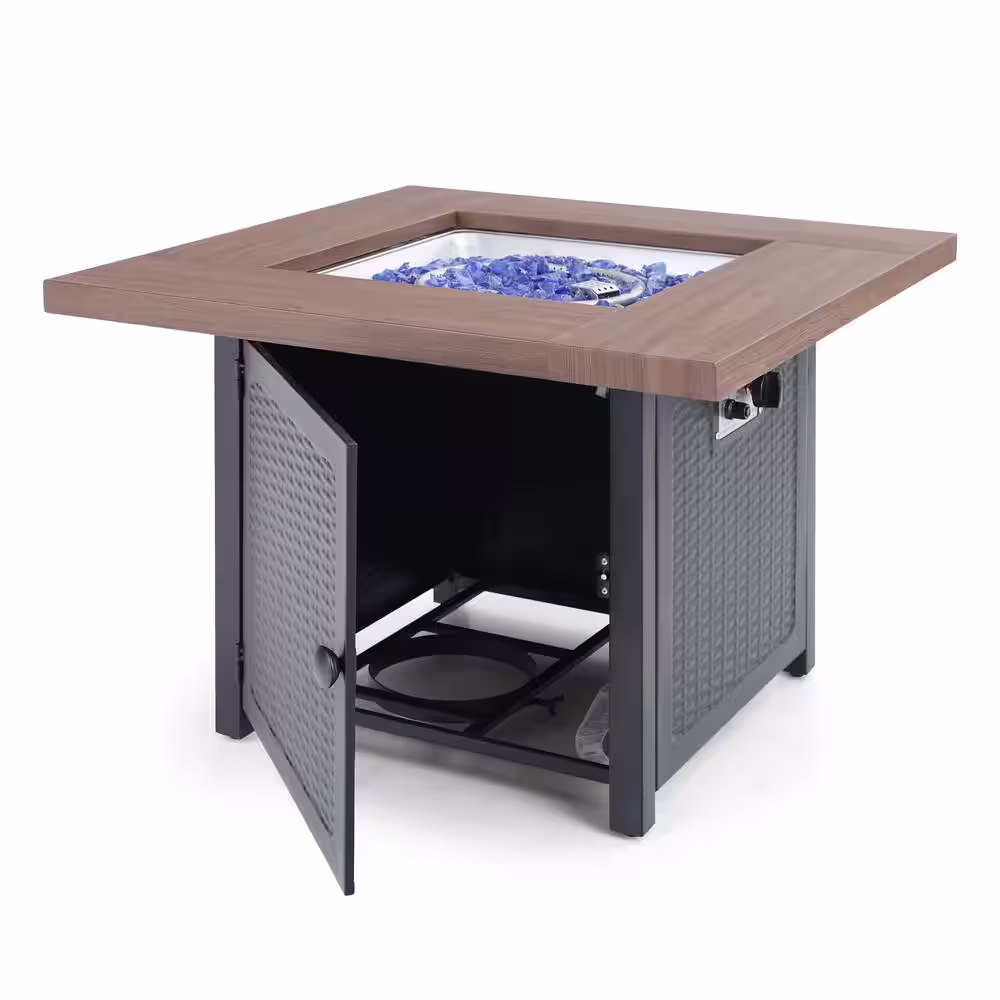 PHI VILLA 33.9 in. W x 25.2 in. H Square Wood-like Metal Steel Gas Fire Pit Table with Cover and 50000 BTU Burner