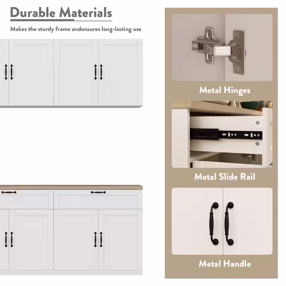 FUFU&GAGA White Wooden 63 in. Width Food Pantry, Sideboard, Pantry Cabinet, with Wall Mounted Kitchen Cabinet(Two Parts)