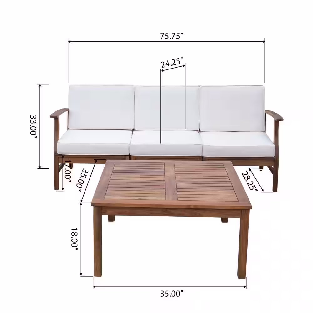 Noble House Perla Teak Brown 4-Piece Wood Patio Conversation Seating Set with Cream Cushions