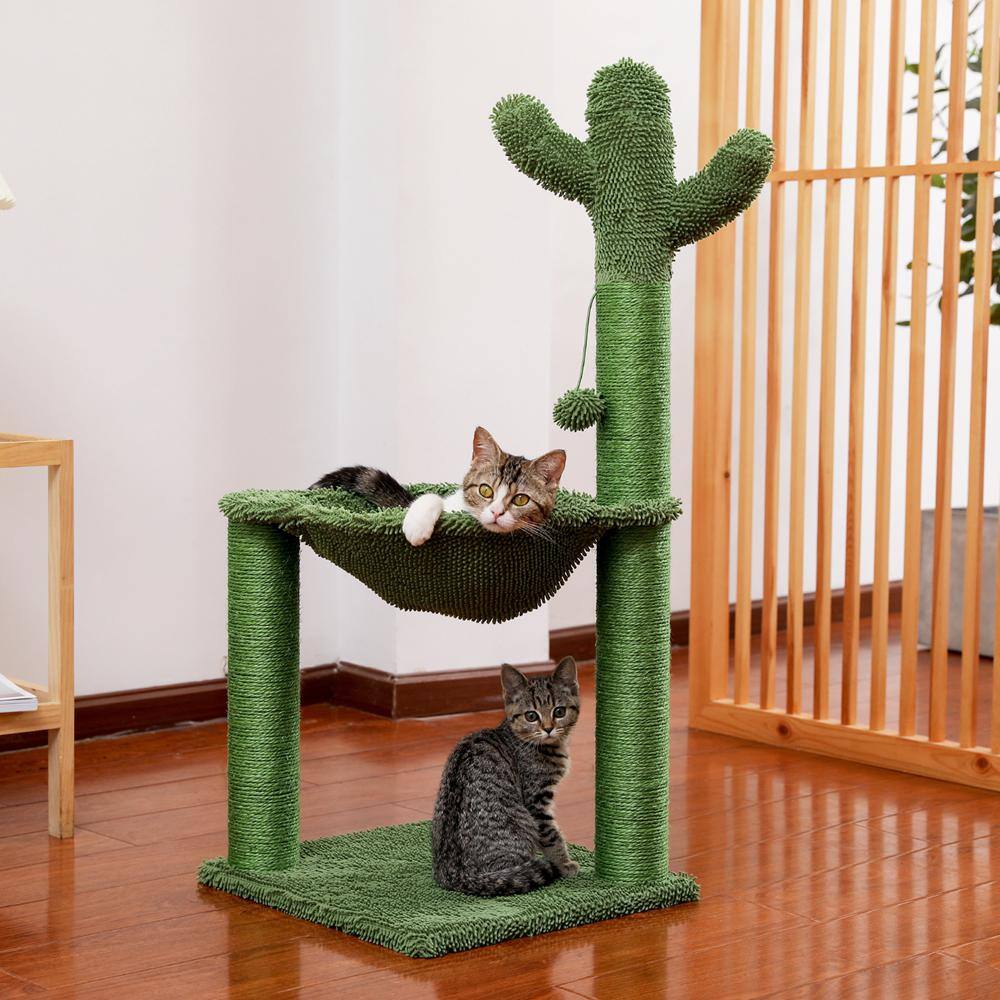 Foobrues Green Cactus Cat Tree Cat Scratching Post with Hammock Play Tower, Full Wrapped Sisal Scratching Post for Cats