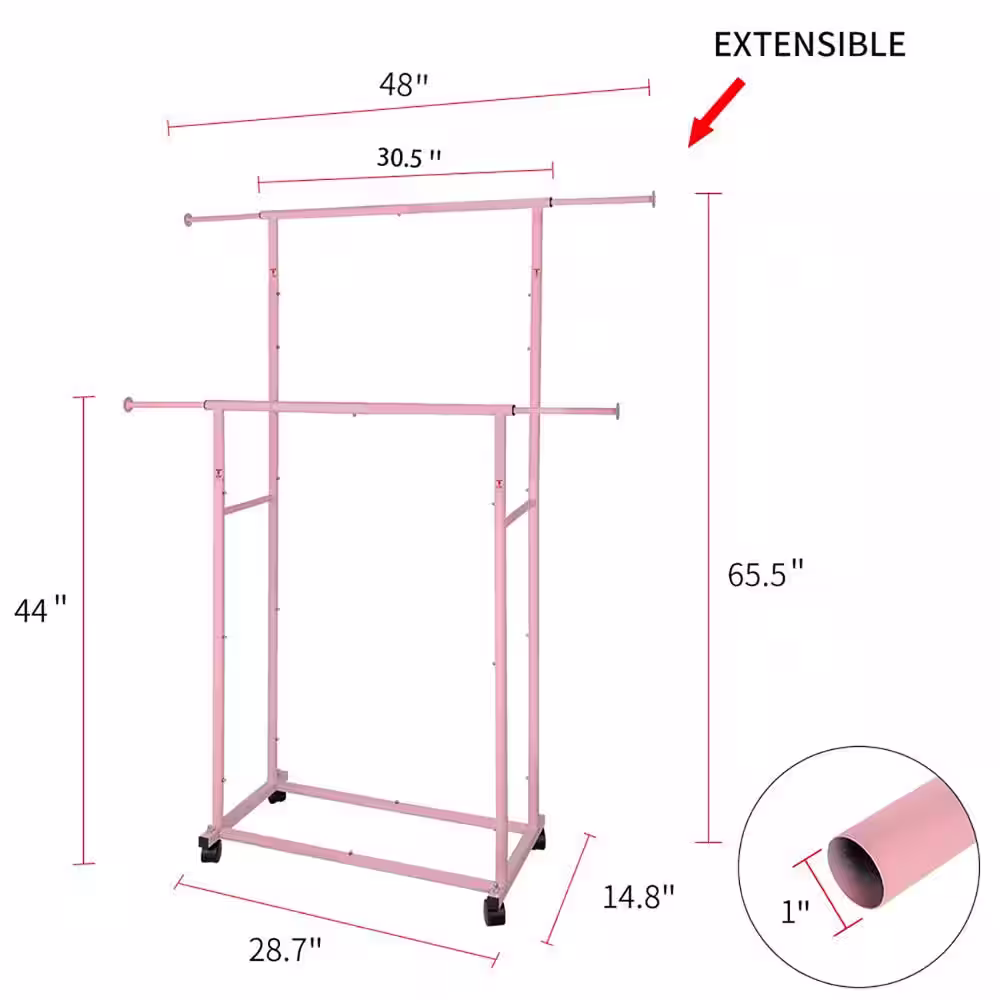 None Pink Metal Garment Clothes Rack Double Rod 48 in. W x 65 in. H