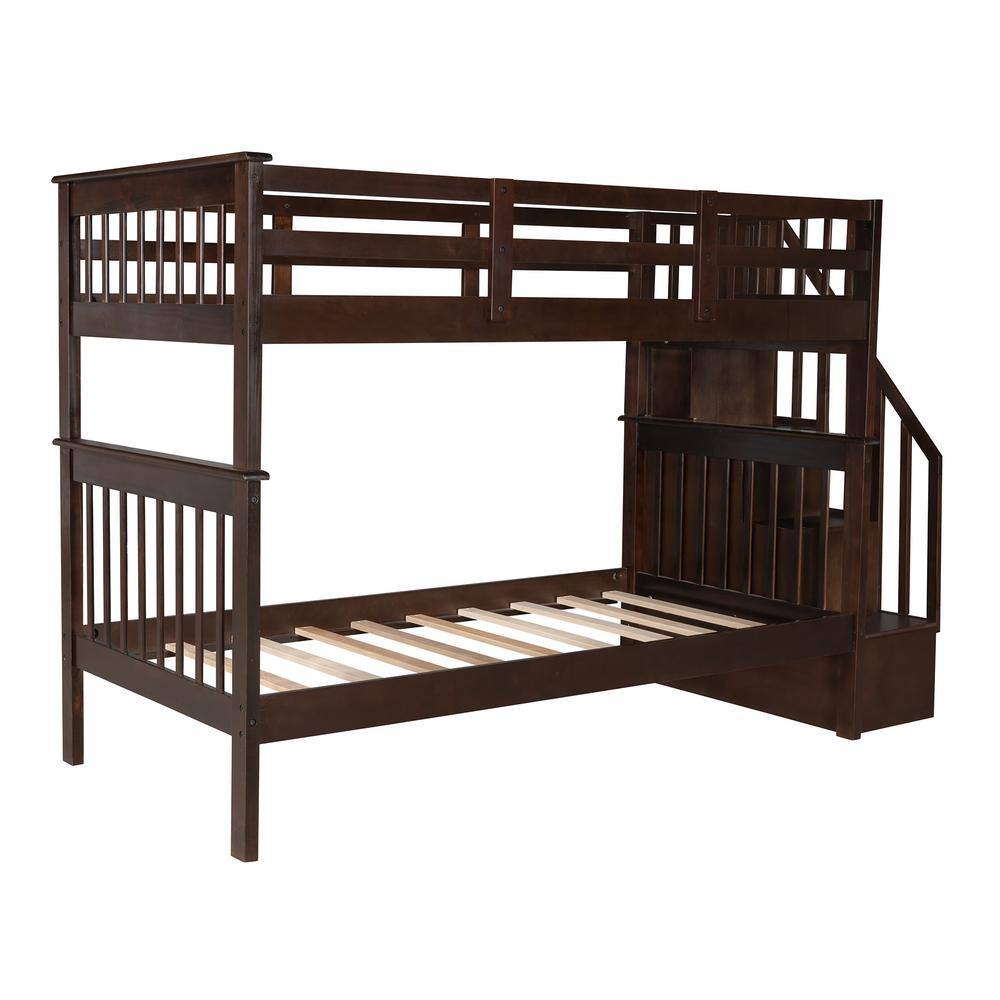 Qualler Hazzard Espresso Twin Over Twin Bunk Bed with Stairs and Shelves