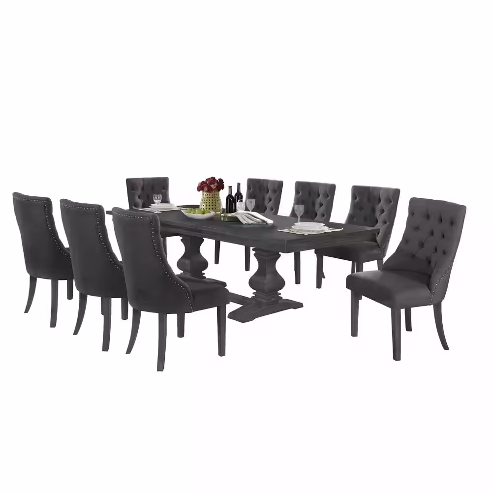 None Natasha 9-Piece Rectangle Gray Dining Set with Gray Linen Fabric