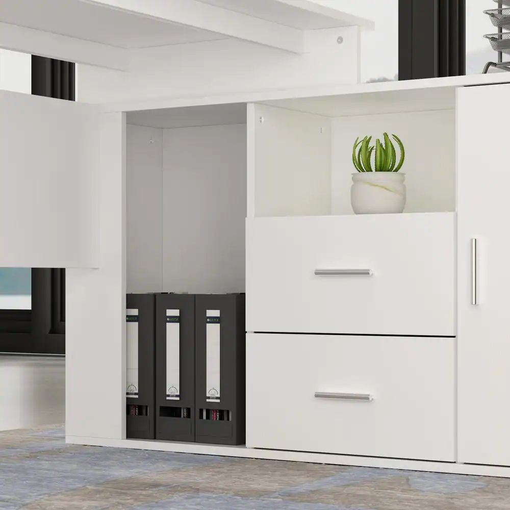 None White L-Shaped MDF Computer/Writing Desk, with 2 Drawers, Open Shelves and Cabinet, 55.1 in. W x 29.4 in.H