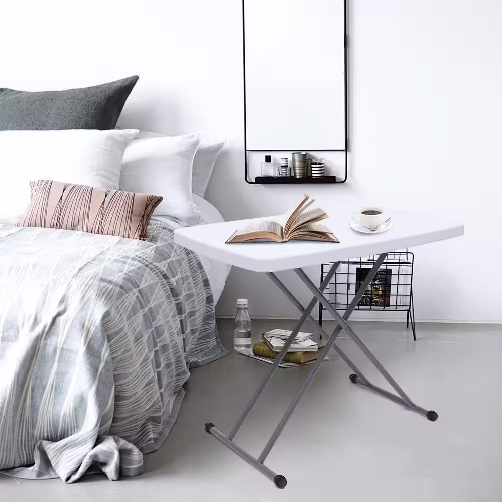 None 30.3 in. White Plastic Adjustable Height Liftable Folding Table