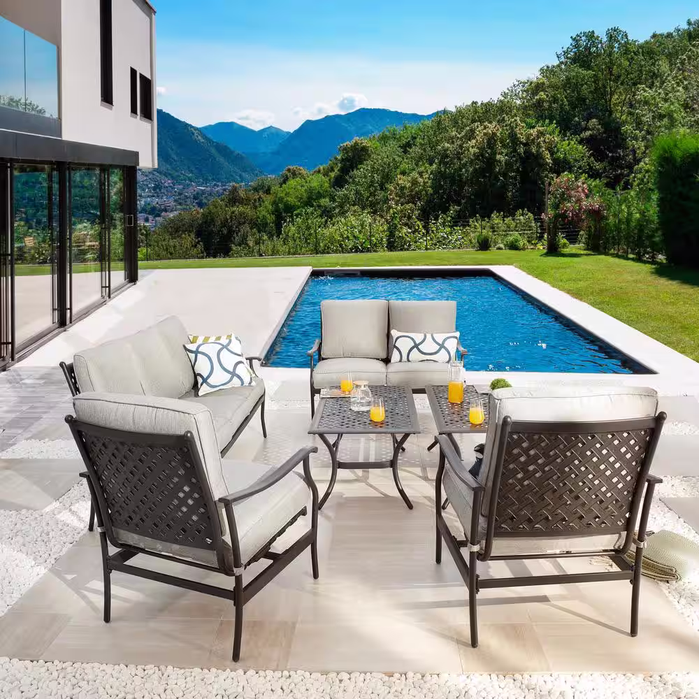 Patio Festival 6-Piece Metal Patio Conversation Set with Gray Cushions