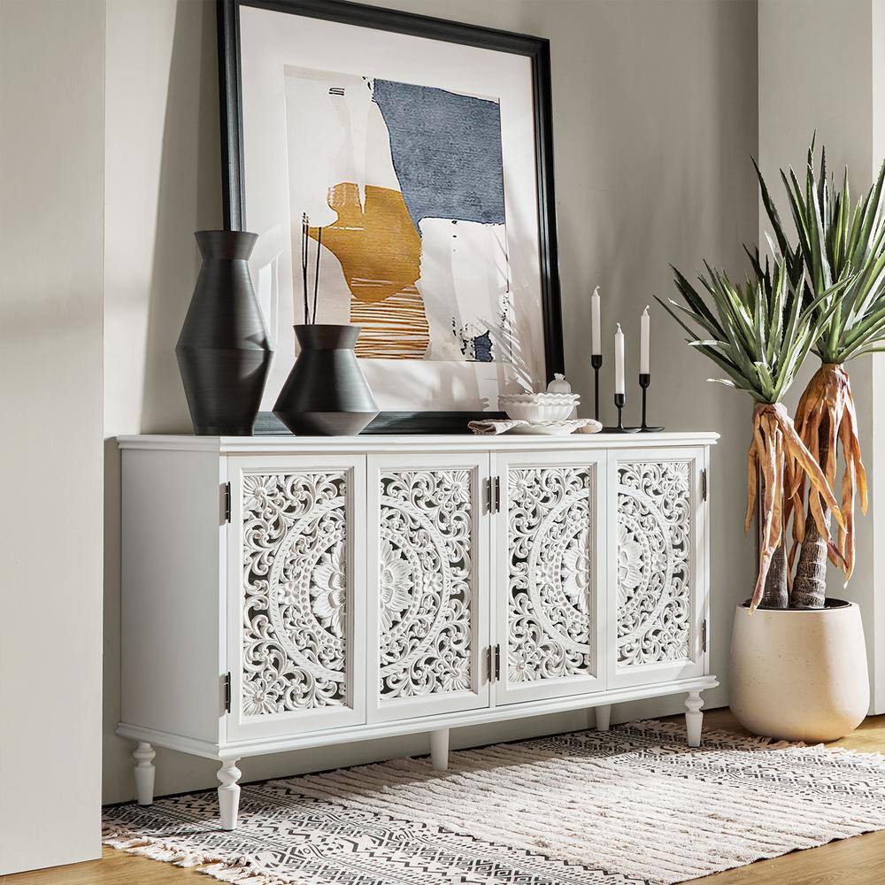 JAYDEN CREATION Herculaneum White Traditional Wooden 63 in. Wide Sideboard with 4-Doors and Adjustable Shelves
