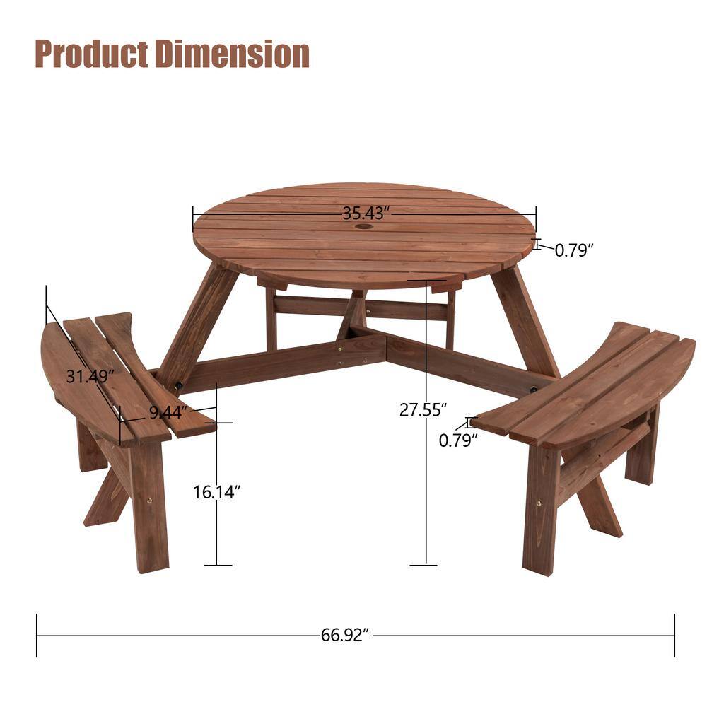 None 6-Person Wooden Picnic Table with 3 Built-in Benches and Umbrella Hole