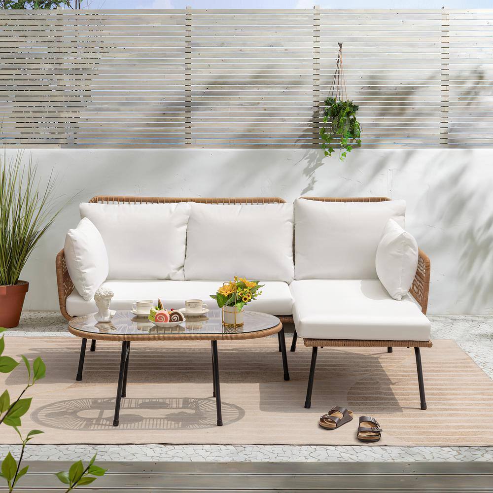 None Boho 3-Piece L Shape Handwaven Wicker Patio Conversation Set with Round Table and Off White Cushion
