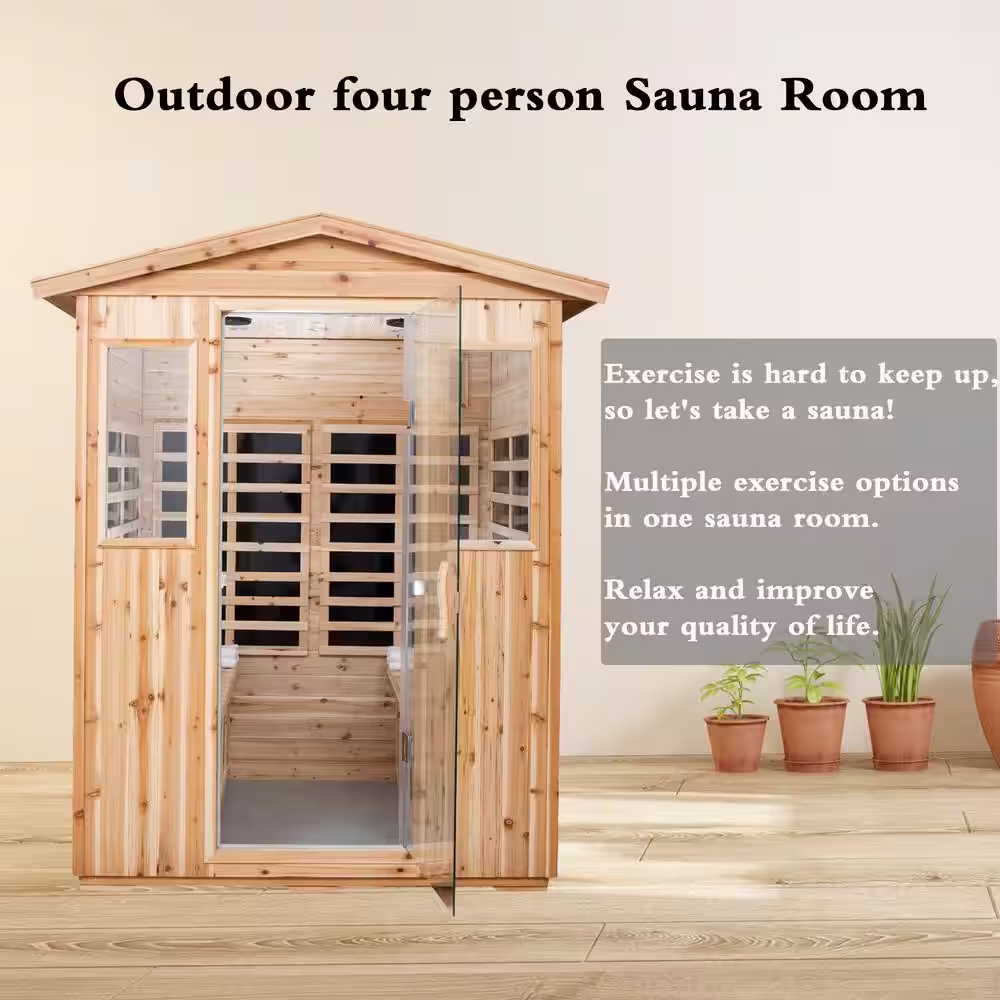 None 4-Person Hemlock Sauna Room with LED Reading Lights