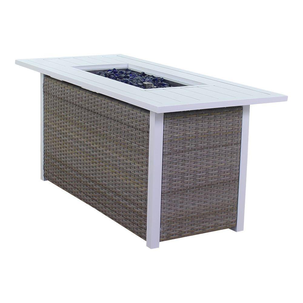 Courtyard Casual Santa Fe Aluminum Rectangle Fire Pit in White with 18 lbs. of Blue Fire Glass
