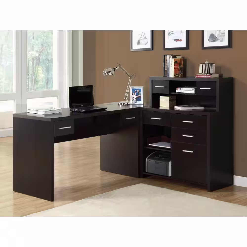 Monarch 47 in. L-Shaped Cappuccino 8 Drawer Computer Desk