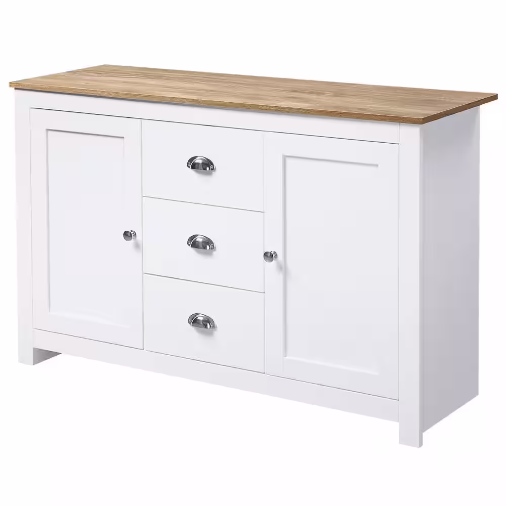 HOMCOM 3-Drawers White Kitchen Storage Sideboard with Adjustable Shelves Dining Buffet Server Cabinet