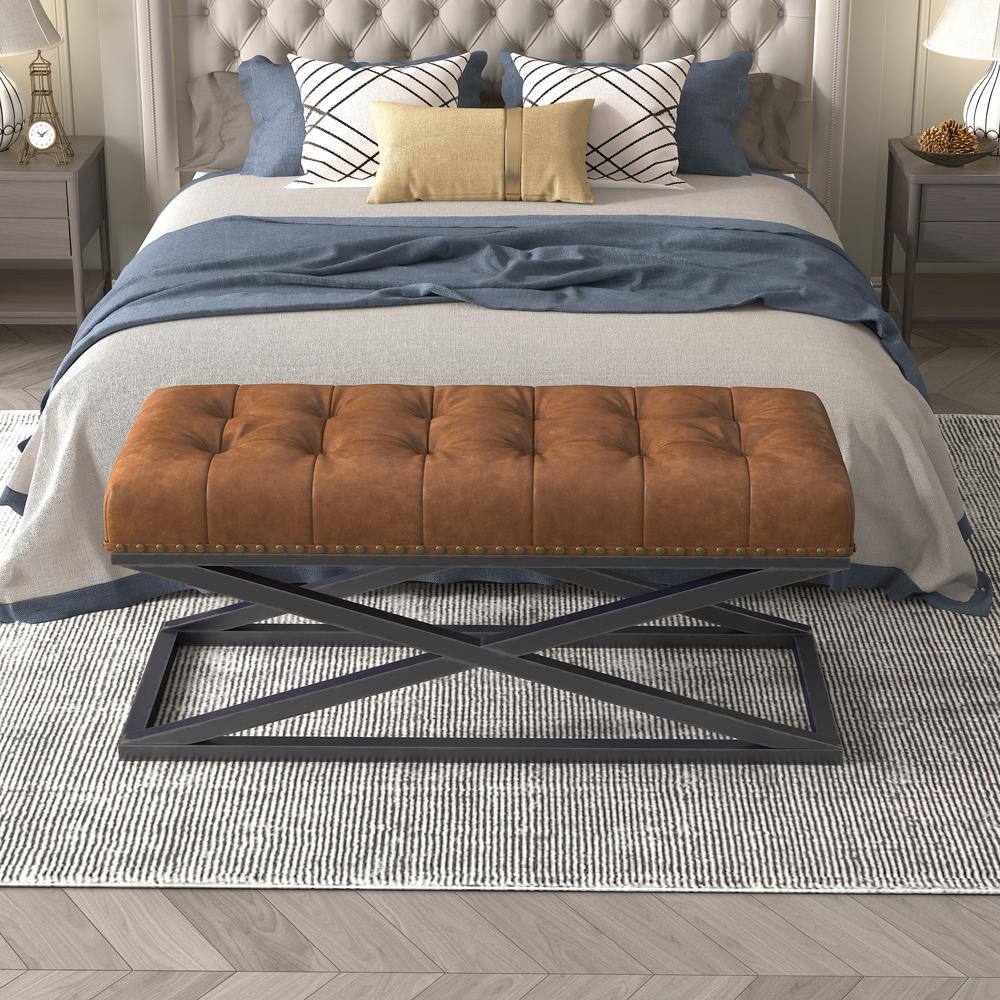 Harper & Bright Designs Retro 44 in. Brown Bedroom Bench Entryway Bench with Metal Base, No Assembly Needed