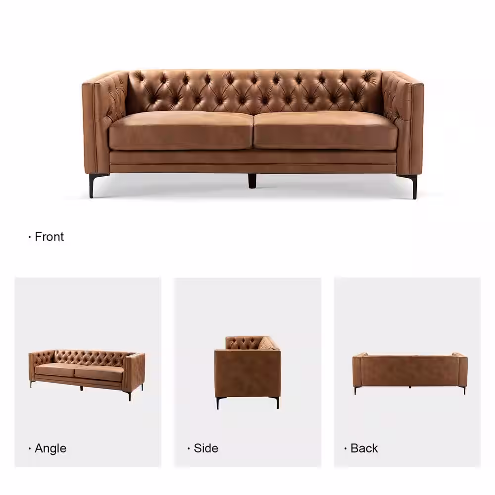 JAYDEN CREATION Eridu Comtemperary 84 in. Square Arm Faux Leather Button-Tufted design Tuxedo Rectangle Sofa in Camel