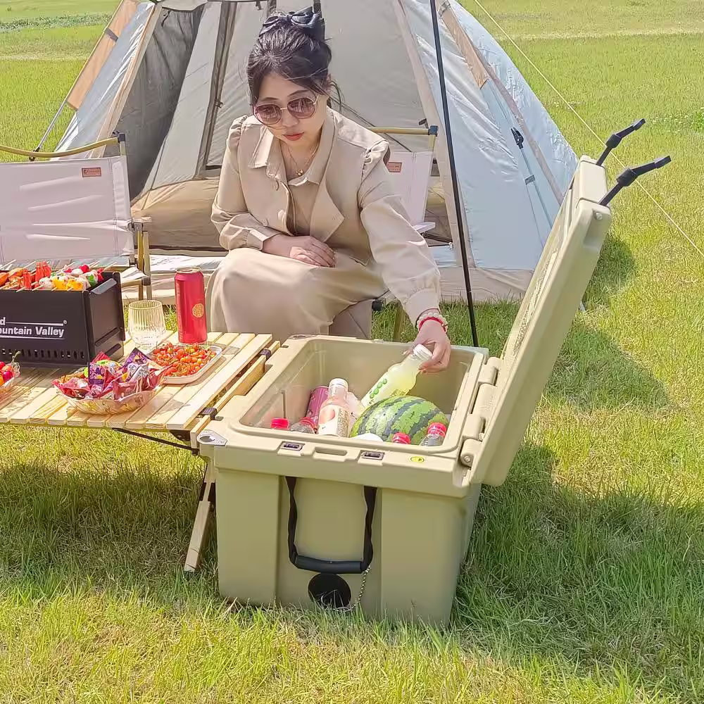 None Heavy-Duty Wheels 65 qt. Khaki Chest Cooler with Bottle Opener for Beach Drink Camping Picnic Fishing Boat Barbecue