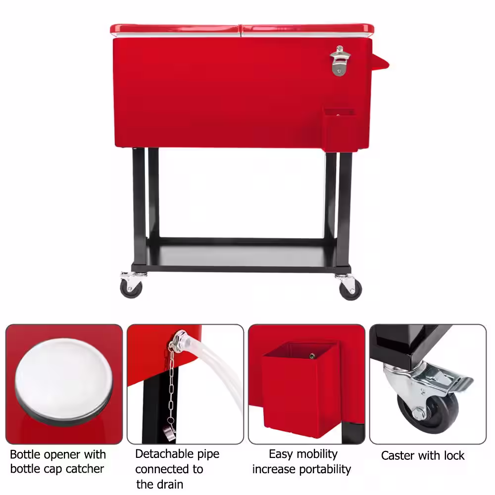 None Red 80 Qt. Iron Beverage Wheeled Cooler with Shelf