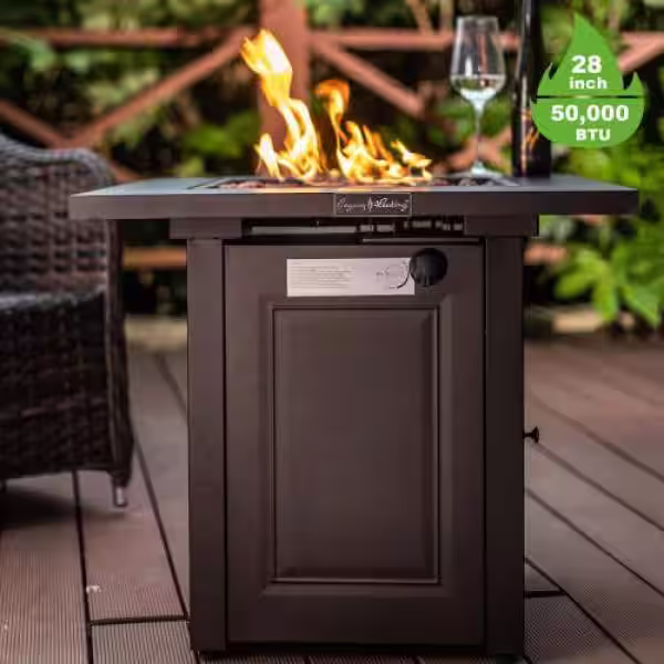 None 28 in. x 28 in. Square Metal Propane Fire Pit Table in Brown with Lid, ETL Certification, for Garden Backyard Deck