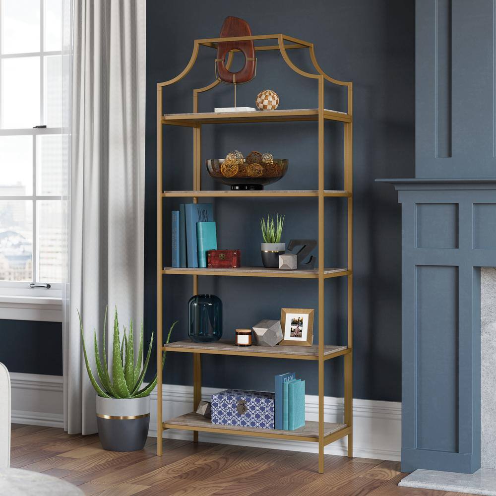 SAUDER International Lux 70.866 in. Faux Deco Stone Metal 5-Shelf Accent Bookcase