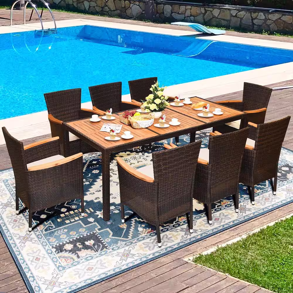 Gymax 9-Piece Wicker Outdoor Dining Set with Cushion Beige Rattan Patio Dining Set  with 8 Stackable Chairs Wooden Tabletop