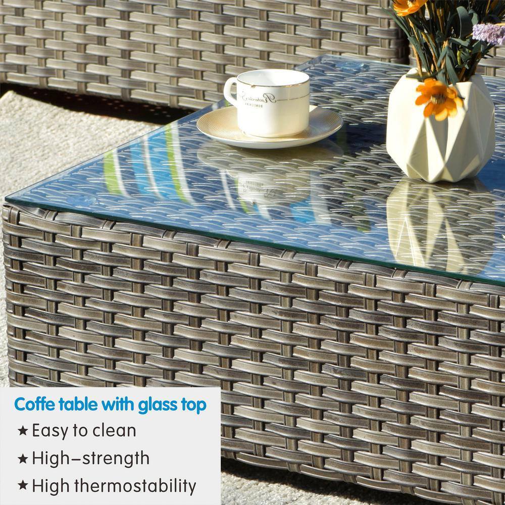 HOOOWOOO Lake Caddo Gray 9-Piece No Assembly Wicker Patio Conversation Sofa Set with Two Coffee Tables and Sunbrella Cushions