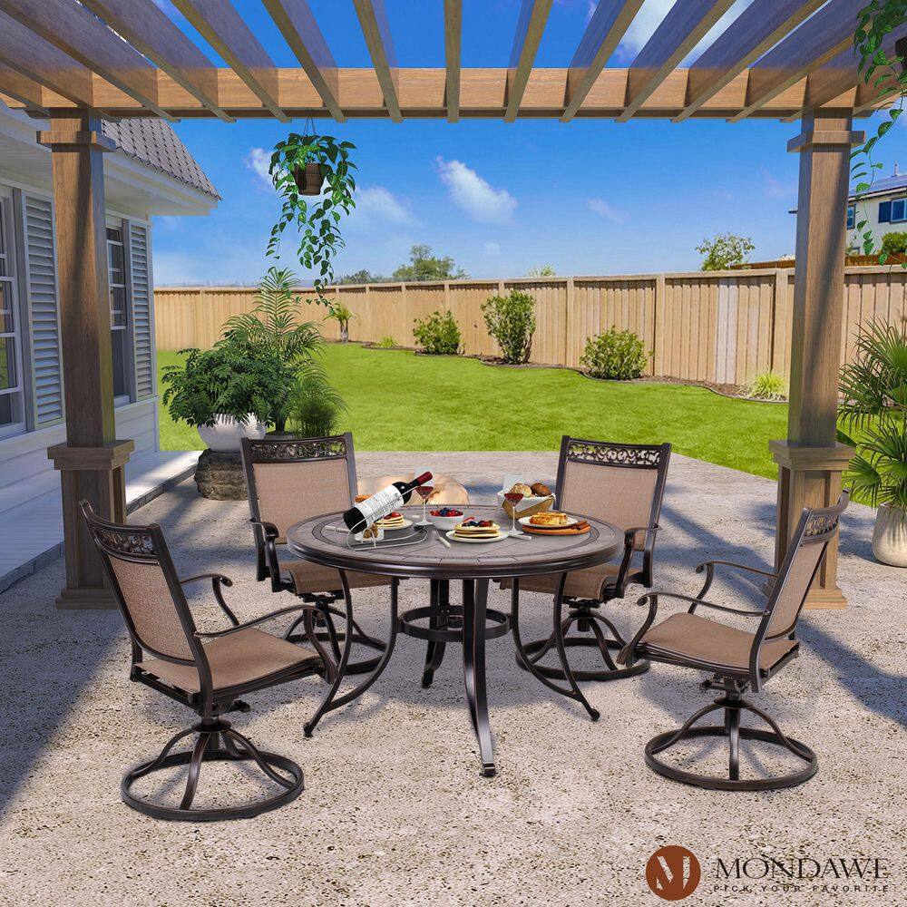 Mondawe Mel 5-Piece Cast Aluminum Outdoor Dining Set with Round Umbrella Table, Swivel Sling Chairs