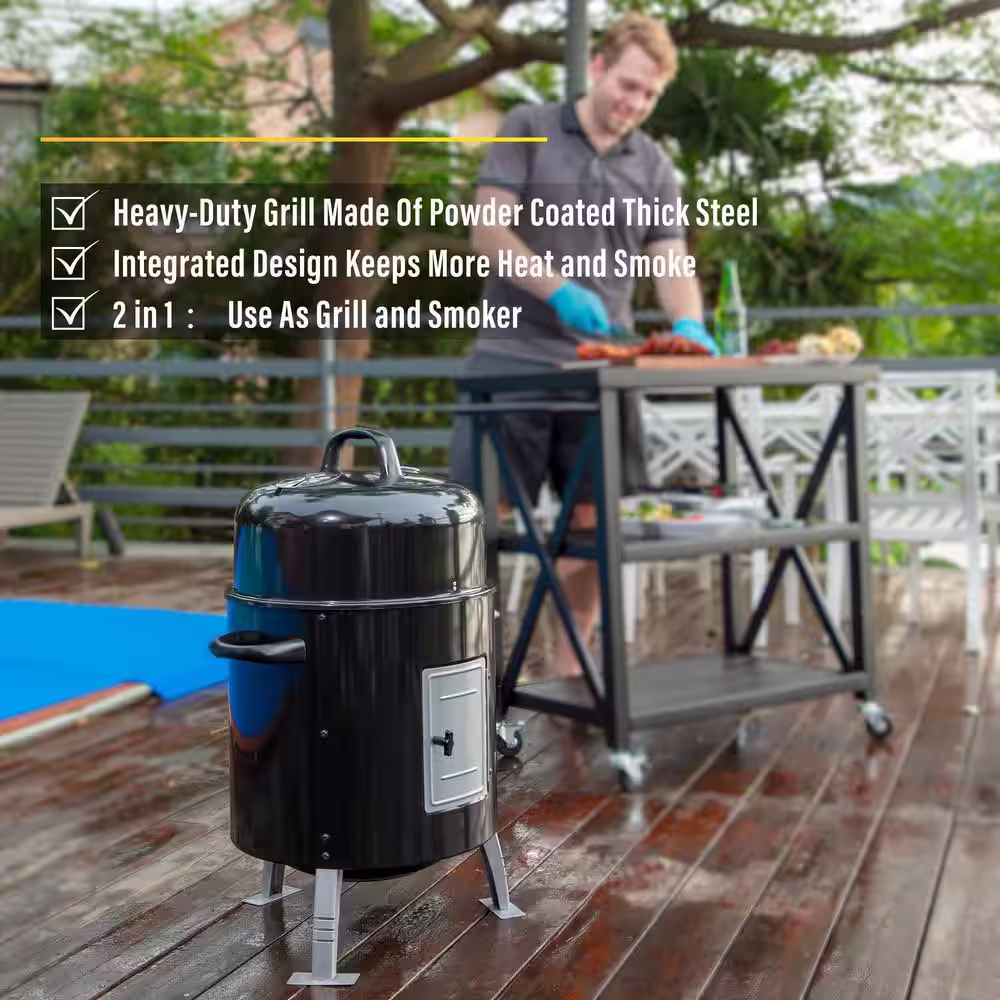 None 17 in. Charcoal Smoker in Black with Cover and Built-In Thermometer