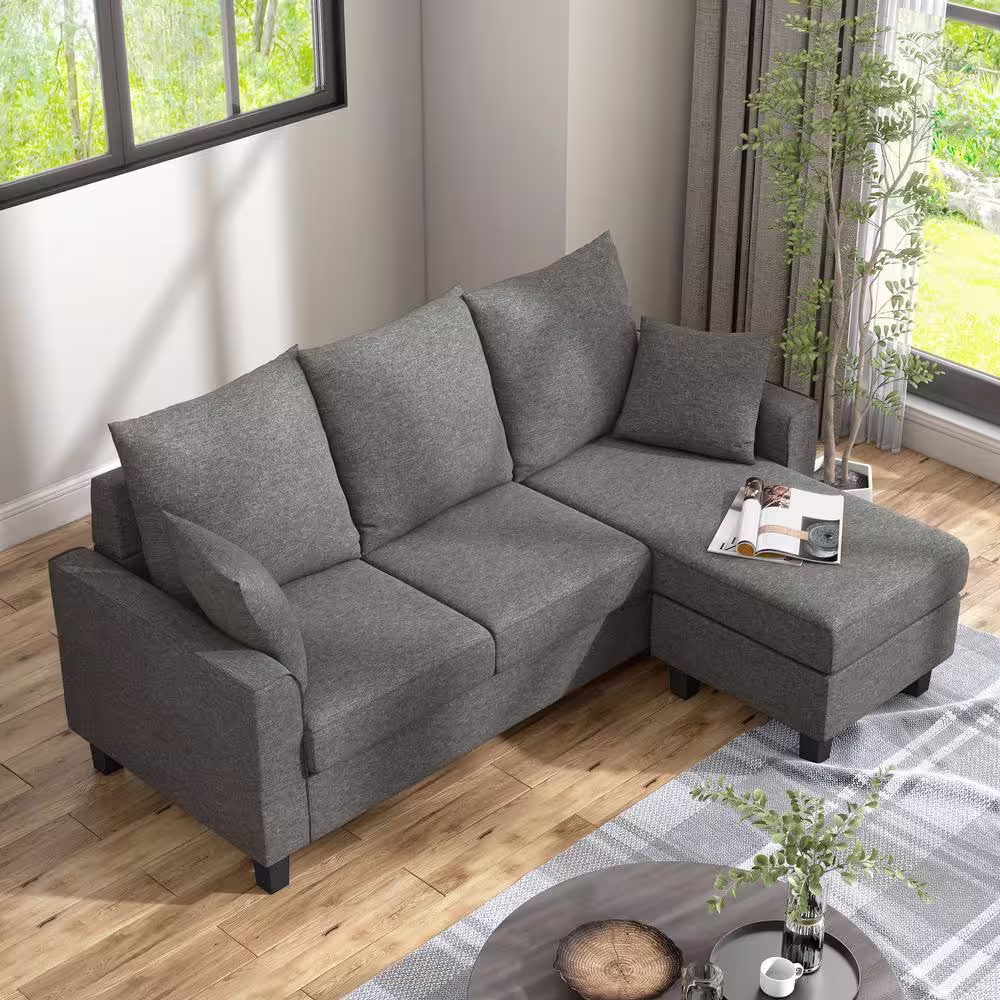 None Tully 74 in. W Straight Arm 1-Piece Polyester L-Shaped Sectional Sofa in Gray