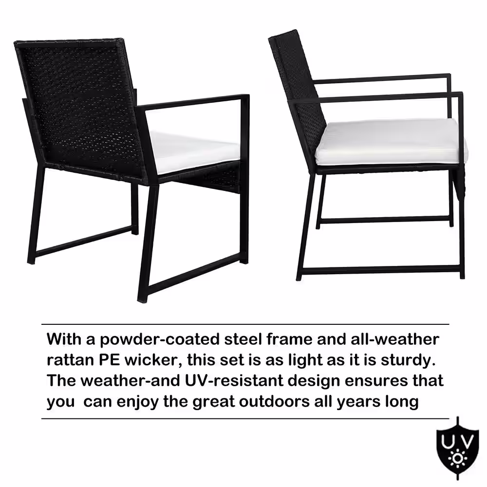 None Black 3-Piece Wicker Outdoor Bistro Set Armchairs with Washed White Cushion