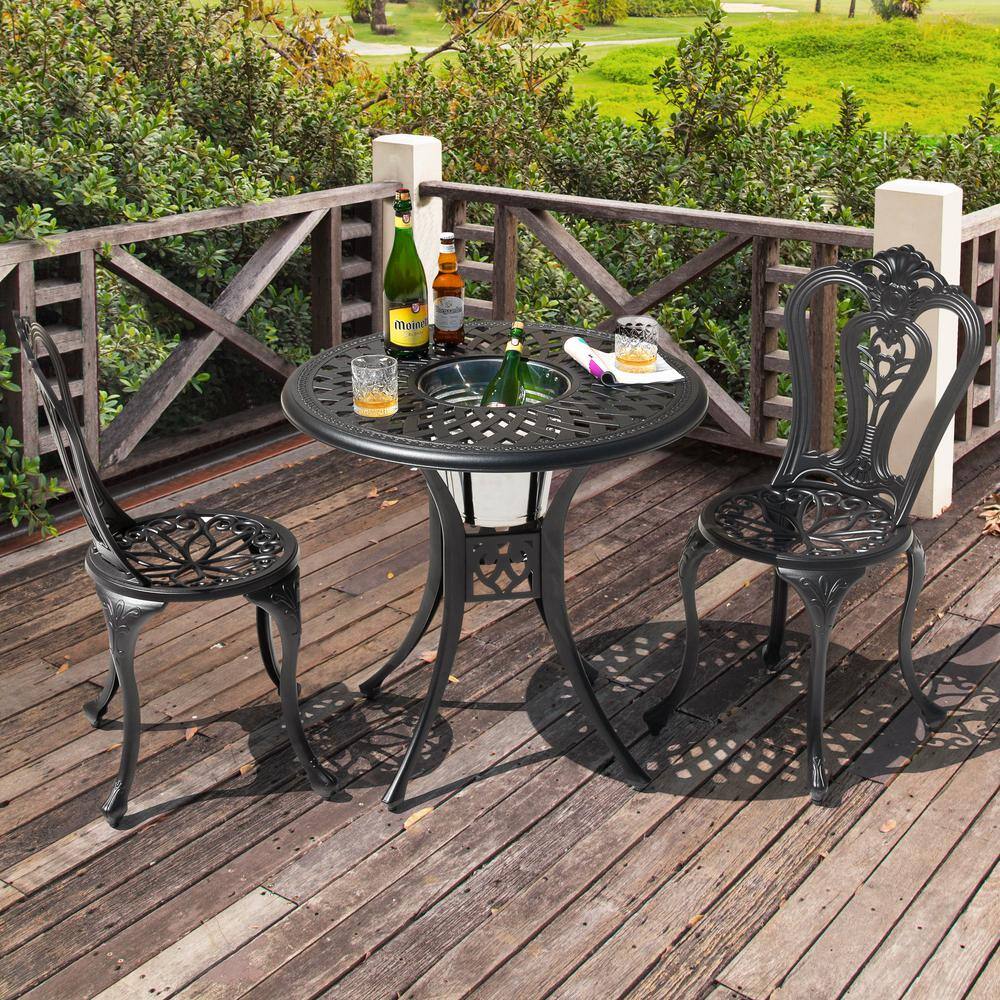 Nuu Garden Black 3-Piece Cast Aluminum Outdoor Bistro Set, 2-Patio Chairs and 31 in. Round Bistro Table with Ice Bucket Function