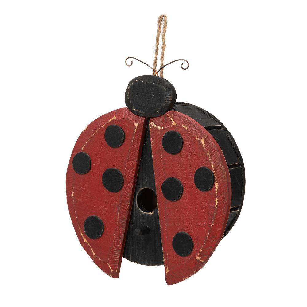 Glitzhome 11.5 in. H Distressed Solid Wood Ladybug Birdhouse (KD)